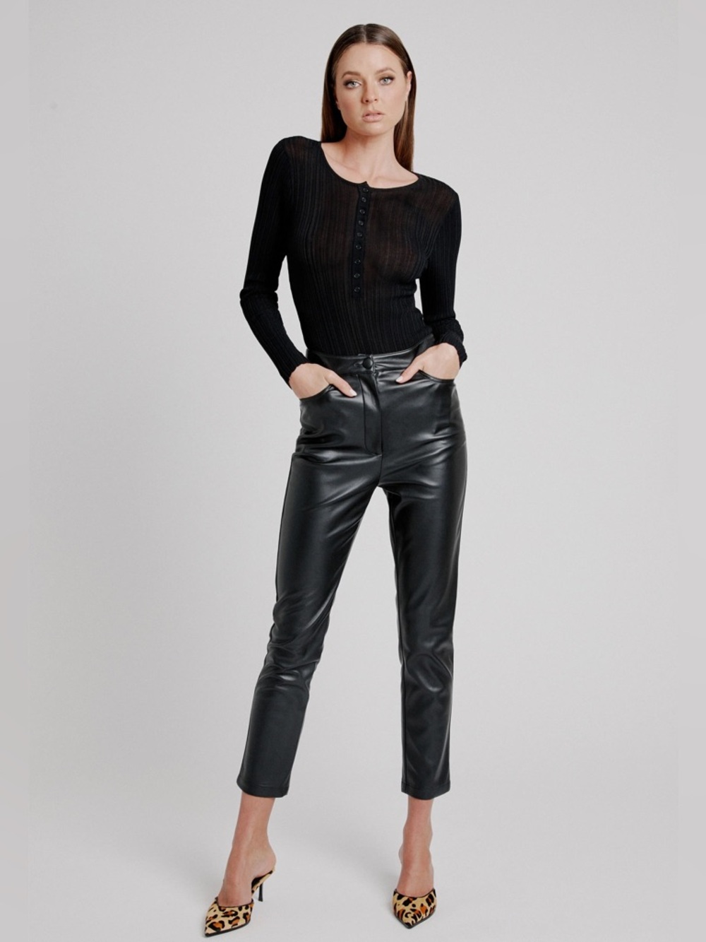 Bardot Brown Faux Leather High-Rise Straight Pants